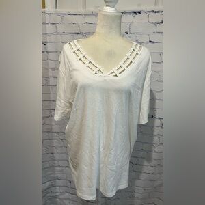 NWT Karen Scott Bright White V-Neck Top with Short Sleeves  Plus Size 3X.